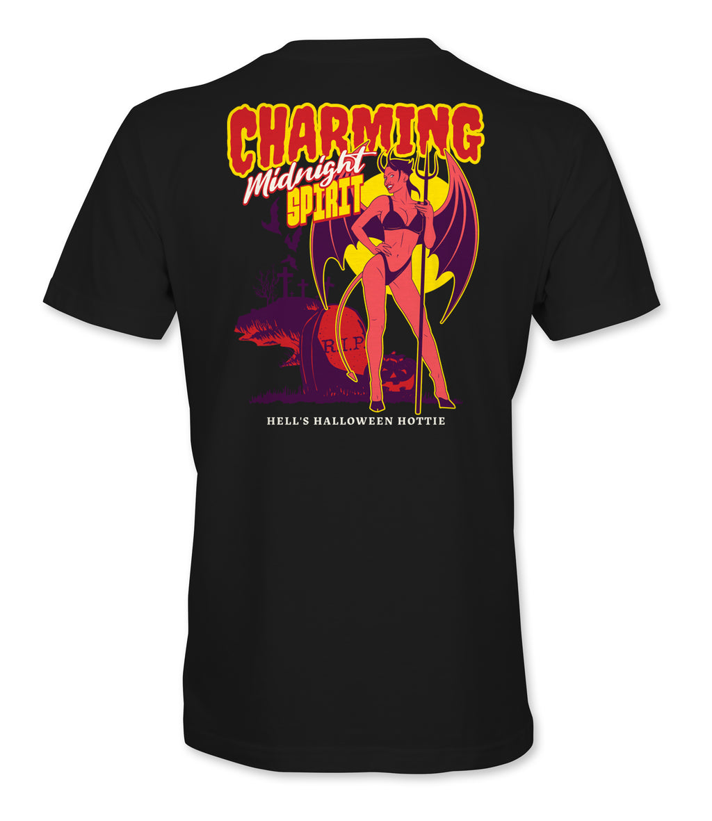 Charming Midnight Spirit Halloween Tee | Retro Devil Girl Shirt | Hell's Halloween Hottie