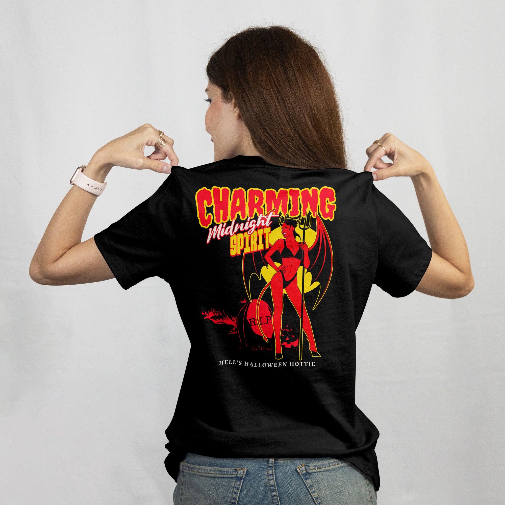 Charming Midnight Spirit Halloween Tee | Retro Devil Girl Shirt | Hell's Halloween Hottie