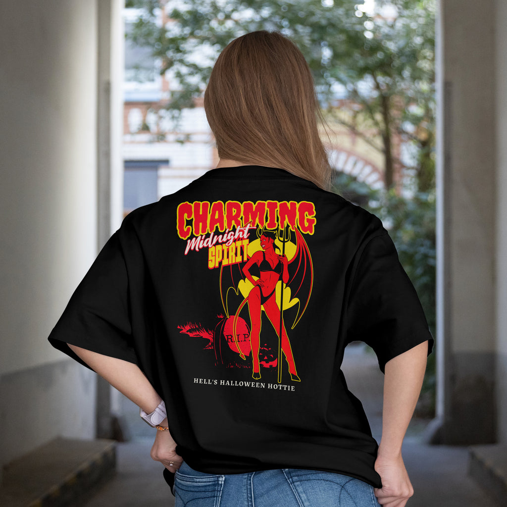 Charming Midnight Spirit Halloween Tee | Retro Devil Girl Shirt | Hell's Halloween Hottie