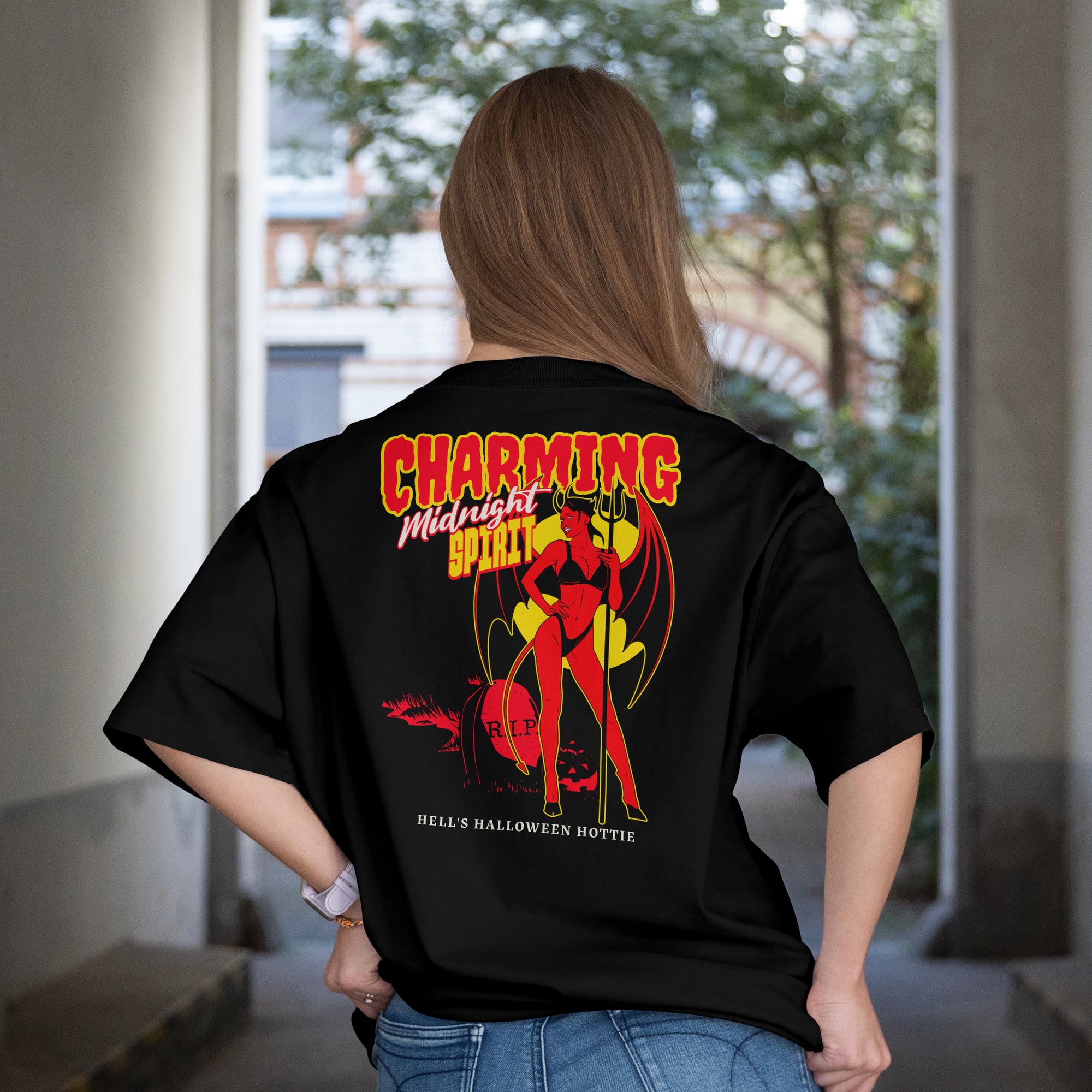 Charming Midnight Spirit Halloween Tee | Retro Devil Girl Shirt | Hell's Halloween Hottie